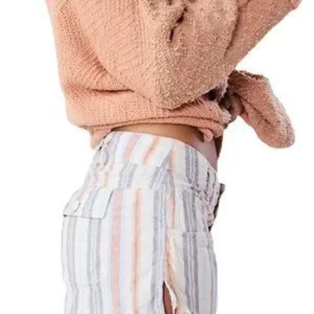 Free People Morning Rain Pastel Stripe Linen Blend Button-Fly Shorts Size 0- EUC